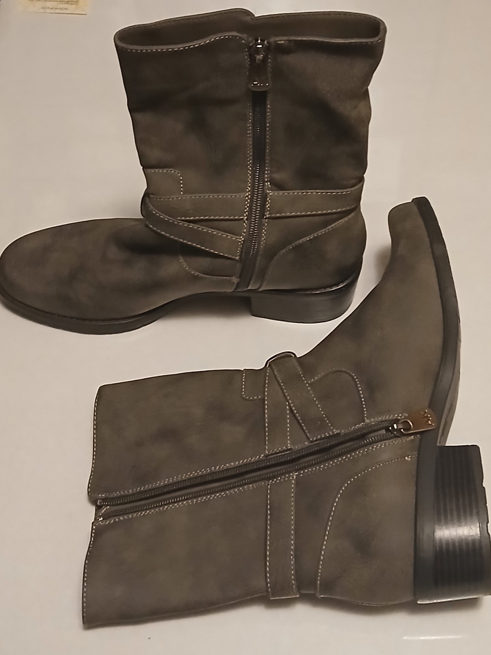 Anne Klein Olive-Brown Mid-Calf Heeled Boots with Side Zipper